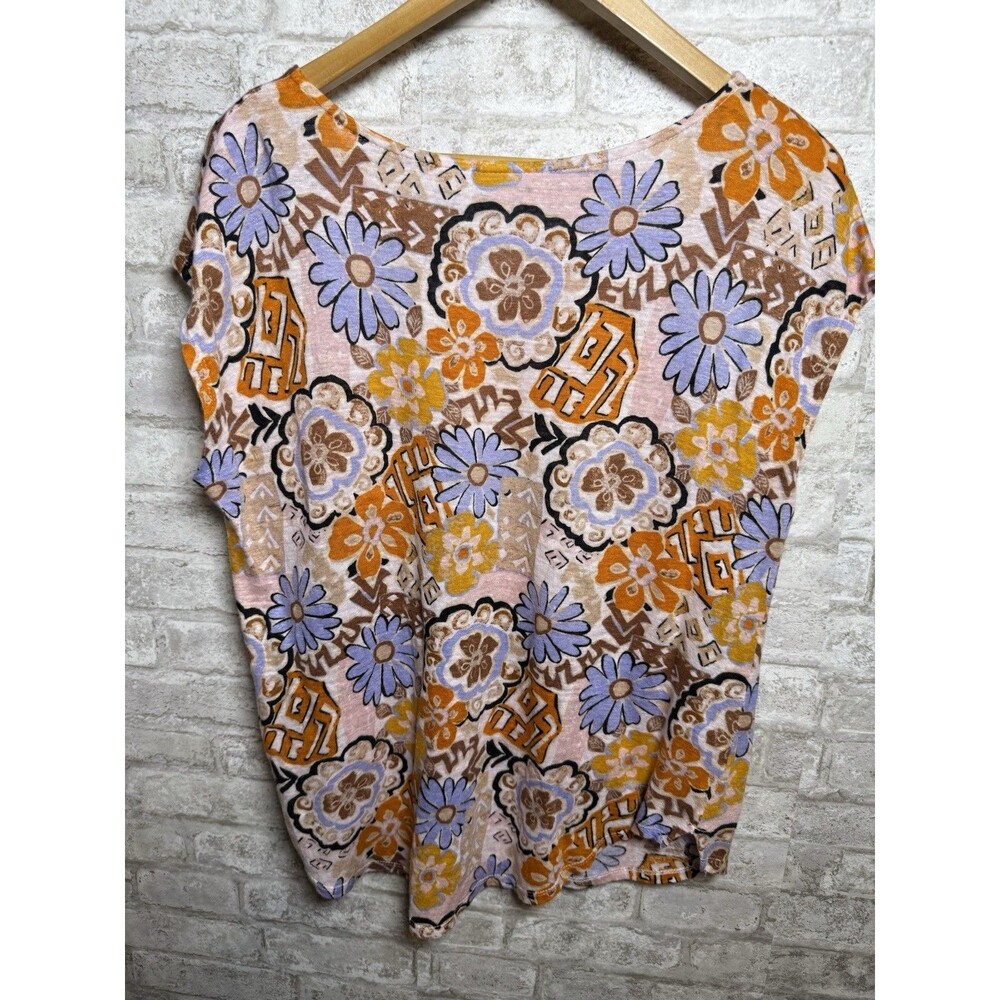 NICOLE MILLER 100% Linen Shirt Women’s L Orange Lavender Brown Boho Floral Retro - Picture 2 of 9